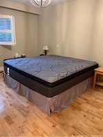 Full setup of king size Sealy mattress, box spring with fabric skirt, and bed frame in bedroom with wood floor and beige walls