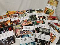 Photo showing a large array of comic books including Marvel Zombies, X23, MARS Patrol, Hot Rods, DC Comic titles like Secret Six and Blackest Night, all with identification tags.