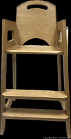 Front view of wooden children's highchair showing seat, backrest with handle cutout, and two footrests.