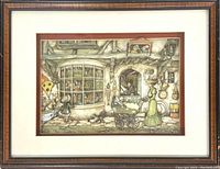 Front view of the framed diorama artwork showing the full piece with visible details of the toy shop scene and surrounding frame.