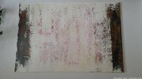 Front view of large abstract painting with textured white base and brown vertical bands on edges.