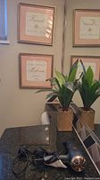 Photo showing faux green plants with white flowers in woven baskets placed on granite countertop with diamond-pattern tile backsplash. Part of wall with three framed French-themed art prints in rose gold frames and a black hair dryer also visible.