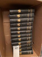 Top-down view inside box showing all cloth-bound spines
