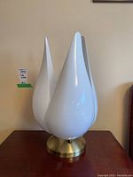Pair of lamps on wooden table, front view