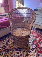 Front view of peacock chair showing seat, base and flared back