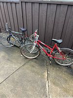 Two bicycles shown side by side outdoors on concrete with dark brown fence in background, red Road Runner bike in front and black Cheetah bike behind