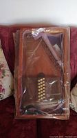 Autoharp in clear plastic wrap revealing wooden body, chord bars and tuning pegs visible.