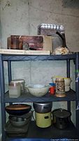 Wide shot showing plastic shelving unit with various kitchen appliances, bake pans, mixing bowls, and other kitchenware stored on three shelves in a basement room with concrete walls and floor.