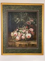 Framed floral painting showing the full artwork with basket and flowers