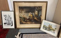 Wide shot of three framed artworks: one original watercolor pen and ink, one large print of an indoor scene, and one black and white floral print.