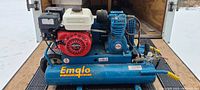 Front and side view of the Emglo compressor showing engine, pump and tank