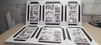 Six white multi-opening picture frames with example photos inside, still in packaging with protective corners.