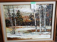 Front view of framed oil painting showing winter forest scene with birch trees and snow-covered ground