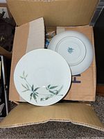 Photo of porcelain plate set showing hand painted bamboo leaf design on white background, top view.