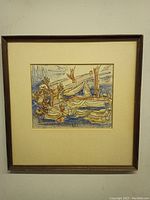 Framed abstract art showing the full piece with muted colors and signed bottom right.