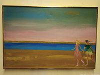Full view of acrylic painting showing two figures walking by water with horizon and sky in background, mounted in gold metal frame.