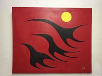 Front view of the 39.5 x 47.5 inch red acrylic painting with abstract black shapes and a yellow circle, signed by artist Zdanek.