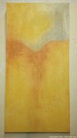 Front view of an abstract acrylic painting on canvas with yellow, orange, and gray tones, mounted and unframed in a vertical orientation.