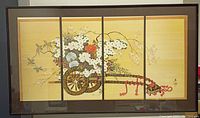 Full view of the four-panel artwork displaying the floral cart design.