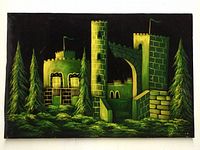 Full view of the castle painting on felt showing green and yellow hues with trees against a black background.
