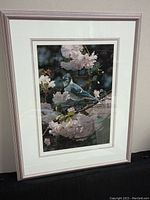 Framed print of a blue jay on blooming branches, titled The Visitor In Blue 1958.