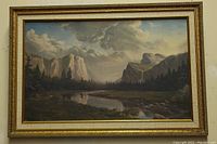 Full frontal image of the Yosemite landscape framed painting showing the natural scenery with mountain formations, pine trees, river, and clouds.