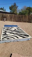 Zebra print wool rug laid outdoors showing full design and size.