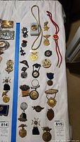 Photo shows an assortment of collectible Shriner pins, buttons, and medals arranged on a white surface, including a hanging gold tone medal on a chain and various small lapel pins with Shriner symbols.