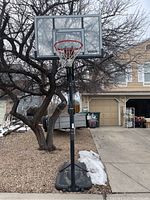 Full view of the large outdoor basketball hoop mounted on a black portable stand with a fillable base, placed on driveway gravel with a tree and house in background.