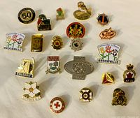 Photo showing 21 vintage Canadian pins with various designs representing cities and organizations