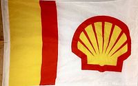 Close-up of the yellow and red vertical stripes on the hoist side and part of the Shell logo on white background