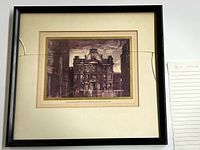 Framed architectural print of Old Mulberry Street Synagogue, New York, showing building facade with cloudy sky and streetscape.