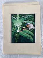 Example of a mounted print inside the book featuring two men peering through large green leaves, in rich color detail.