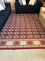 Full view of the rug placed under sofas showing the overall red and cream oval motif pattern.