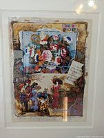 Full view of the framed Nostalgia serigraph showing flowers, musical notation, glamorous people, and calligraphic quotations with gold and brown wood frame
