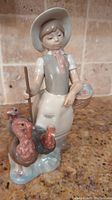Full front view of the porcelain figurine showing the girl, basket, and two turkeys.