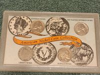 Image of the coin collection display card with arranged nickels labeled as Jefferson Nickel, Wartime Jefferson Nickel, Liberty Nickel, and Buffalo Nickel, under plastic case.