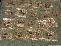 Multiple U.S. coins individually sealed in clear plastic sleeves arranged on green towel, showing various denominations including buffalo nickels, nickels, and pennies clearly visible with printed dates and labels on sleeves.