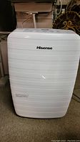 Front view of white Hisense dehumidifier with brand name visible.