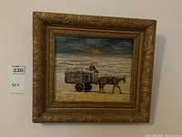 Full view of unsigned oil on board painting in ornate gold-tone wood frame depicting a horse pulling a cart at the beach under a cloudy sky.