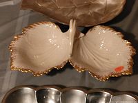 White double leaf leaf-shaped porcelain bowl with gold trim detail