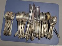 Full view of silverware set including forks, knives, spoons, and serving pieces arranged on blue surface.