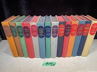 Full lot of 14 colorful vintage books with cloth covers and leatherette spine labels with gold embossed titles.