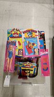 Clear view of Barbie doll in original packaging with Looney Tunes and Mickey & Pals themed doll clothes packets arranged in container