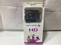 Front of the retail boxed Safari4 HD action camera kit showing branding and basic features: 1080p, 60fps, WiFi