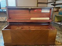 Open view of the Lane cedar hope chest showing interior cedar lining and tray.
