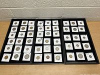 Overview shot showing three boards with rows of foreign coins mounted.