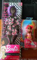 Contains Barbie Fashionistas doll with purple hair in floral outfit and Barbie Dreamtopia doll in colorful dress with pink and yellow hair, both boxed.