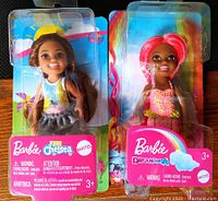 Photo showing two Barbie Chelsea dolls in original Dreamtopia packaging: one with brown hair wearing white tank top and gray skirt, the other with pink hair and colorful patterned outfit.
