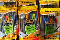 Six packages of Bic mechanical pencils labeled 10+2 bonus, showing colors and brand.